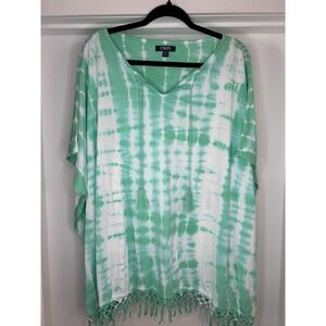 NEW Chaps Women 2X Tie Dye Fringe Tassel Oversized Poncho Top Green Coastal Boho